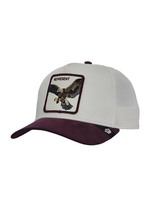 Gorra de béisbol blanca y morada con parte trasera de malla, con un gráfico de águila y texto "REPRESENT" en el parche frontal.