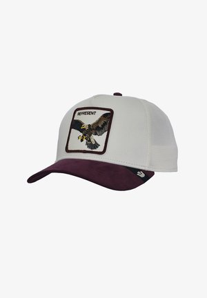 Gorra de béisbol blanca y morada con parte trasera de malla, con un gráfico de águila y texto "REPRESENT" en el parche frontal.