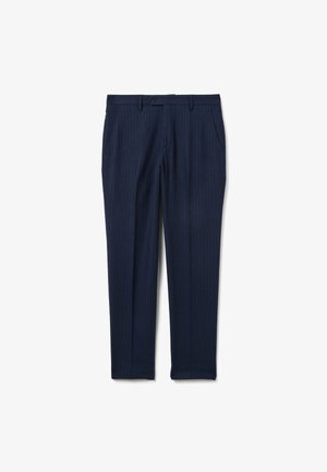 Marineblaue Nadelstreifenhose mit schmaler Passform, gefertigt aus strukturiertem Stoff. Merkmale sind Vordertaschen und ein Knopfverschluss.