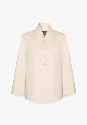 Kremowa damska kurtka z kołnierzem stojącym, dwoma guzikami z przodu, długimi rękawami i kieszeniami w szwach bocznych.