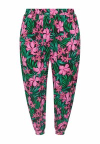 Blommönstrade byxor med en svart bakgrund och livfulla rosa blommor samt gröna blad, tillverkade av mjukt tyg med resår i midjan.