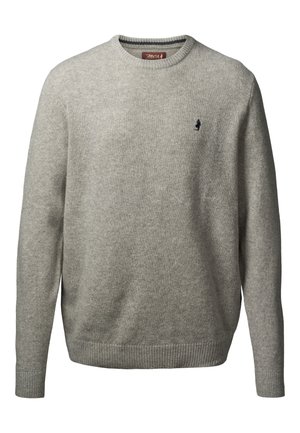 Svijetlosiva dugosleeve majica s okruglim izrezom, s rebrastim manžetama i rubom, s malim crnim izvezenim logotipom na lijevoj strani prsnog koša.
