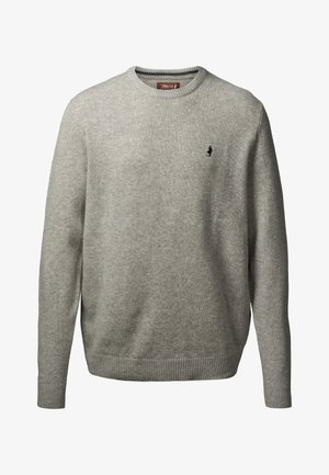 Világosszürke, hosszú ujjú, kerek nyakú pulóver ribbelt mandzsettákkal és aljjal, a bal mellen egy kis fekete hímzett logóval.