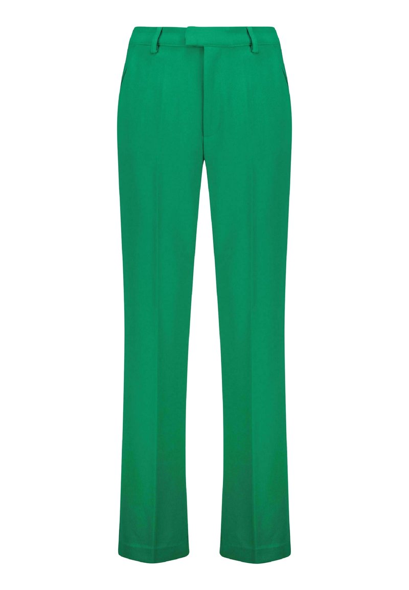 Pantaloni verdi su misura con davanti piatto, passanti per cintura e design a gamba dritta. Tessuto morbido con un colore solido e vivace.