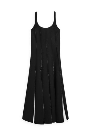 Black sleeveless dress with vertical slits along the front, made of a textured fabric, featuring a fitted bodice and flared skirt design.