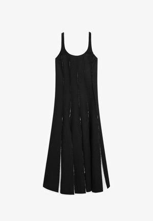 Black sleeveless dress with vertical slits along the front, made of a textured fabric, featuring a fitted bodice and flared skirt design.