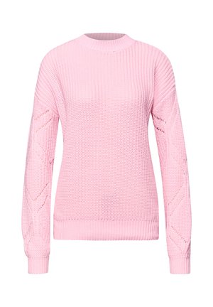 Pull rose en tricot avec un col rond, des poignets côtelés et des motifs losanges texturés sur les manches. Tissu doux et épais.