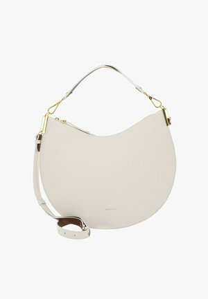 Cremefarbene, halbmondförmige Lederhandtasche mit abnehmbarem Riemen und goldfarbenen Beschlägen, ausgestattet mit einem Reißverschluss oben.