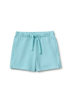 Shorts bleu clair à taille élastique avec cordon devant et poches latérales, fabriqués en tissu texturé.
