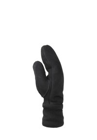 Juoda pirštinė, pagaminta iš minkštos medžiagos, su raštuota riešo gumyte ir trijų pirštų dizainu, užtikrinančiu šilumą ir lankstumą.