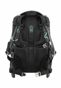 Black backpack with a mesh back, padded straps, and teal accents. Features adjustable buckles and a distinctive logo on the back panel.