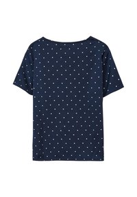 T-shirt a maniche corte blu navy con pois bianchi. Presenta un collo rotondo e una vestibilità rilassata. Realizzato in un tessuto morbido e traspirante.