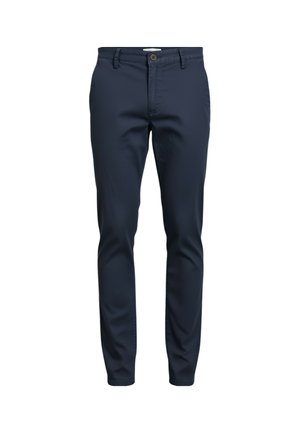 Pantaloni da uomo slim fit color blu navy con passanti per cintura, chiusura frontale con bottone e zip, mostrati su sfondo bianco.