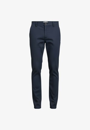 Pantaloni da uomo slim fit color blu navy con passanti per cintura, chiusura frontale con bottone e zip, mostrati su sfondo bianco.