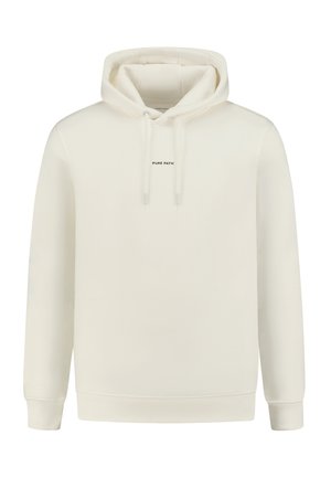 Cream-colored hoodie made of soft fabric, featuring a front pocket, drawstring hood, and "PURE PATH" text in black. Flat knit cuffs.