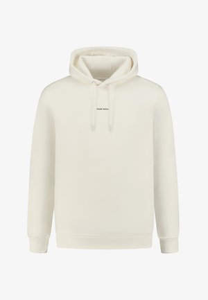 Cream-colored hoodie made of soft fabric, featuring a front pocket, drawstring hood, and "PURE PATH" text in black. Flat knit cuffs.