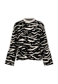 Black and cream zebra-striped sweater with long sleeves, crew neck, and a relaxed fit. Fabric texture appears soft and lightweight.
