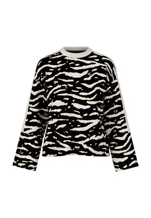 Black and cream zebra-striped sweater with long sleeves, crew neck, and a relaxed fit. Fabric texture appears soft and lightweight.