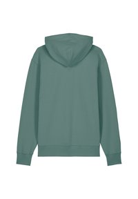 Sweatshirt à capuche dans une teinte bleu-vert atténué, présentant des manches longues, une coupe décontractée et une texture unie sans motifs ni accents visibles.