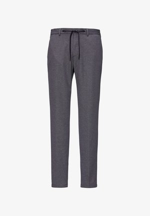 Dunkelgraue Hose aus strukturiertem Stoff, mit einem Kordelzugbund, Fronttaschen und schmal zulaufendem Bein. Glatte Oberfläche, lässiger Stil.