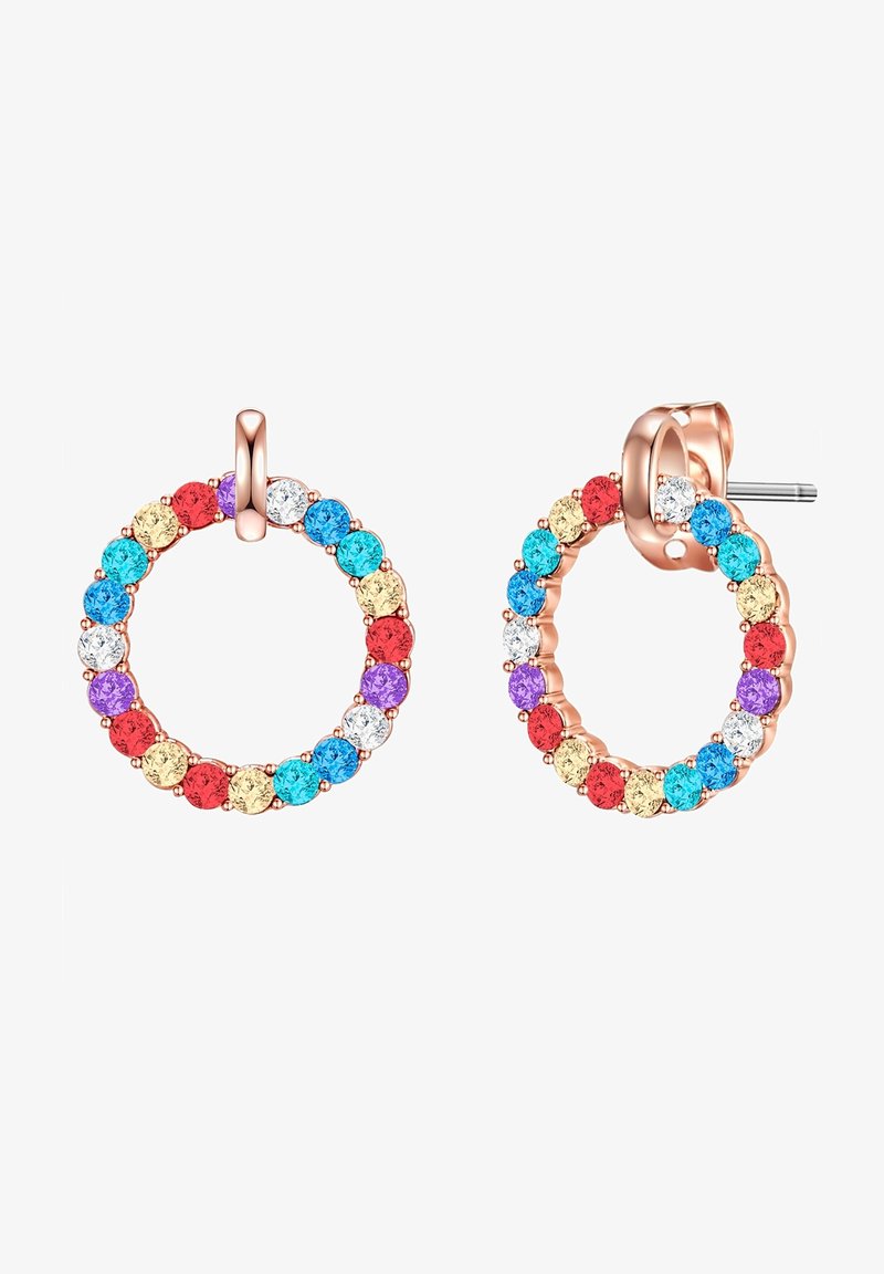 Roses guld cirkulære hoop øreringe med en multicolor variation af ædelsten i rød, blå, lilla, gul og klare indstillinger.