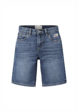 Pantaloncini di denim blu alla lunghezza del ginocchio con tasche frontali, passanti per cintura, chiusura con bottone e etichetta "Roy Roger's" sulla vita e sulla tasca.
