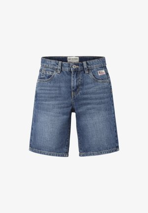 Pantaloncini di denim blu alla lunghezza del ginocchio con tasche frontali, passanti per cintura, chiusura con bottone e etichetta "Roy Roger's" sulla vita e sulla tasca.