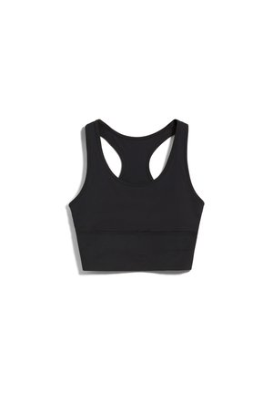 Soutien-gorge de sport noir avec un design dos nageur, en tissu extensible. Il présente une texture lisse et une large bande  élastique en bas.