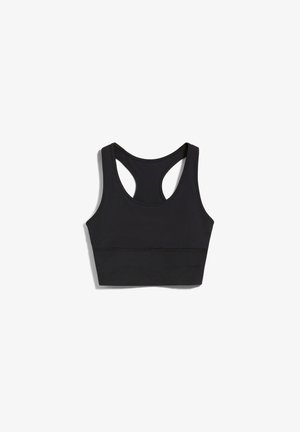 Soutien-gorge de sport noir avec un design dos nageur, en tissu extensible. Il présente une texture lisse et une large bande élastique en bas.