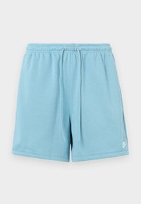 Ljusblå sportshorts i mjukt tyg, med elastisk midja och snörning samt en liten vit Nike-logotyp längst ner.