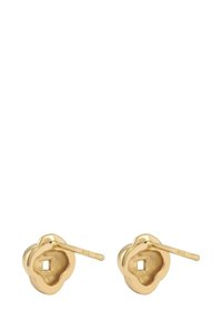 Boucles d'oreilles dorées au design floral avec une découpe carrée au centre ; texture lisse avec une finition polie.