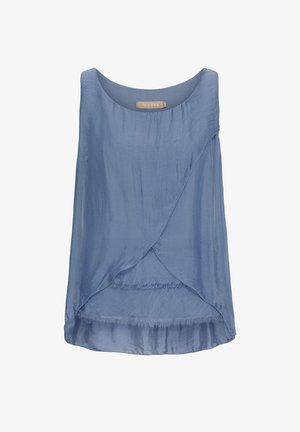 En løs pasformet, ærmeløs bluse lavet af let, tekstureret stof i en blød blå nuance, med en asymmetrisk kant og flæset kant.