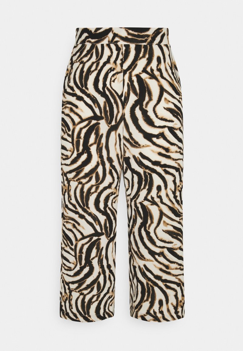 Pantalons taille haute en tissu beige avec un motif de rayures de tigre noir et marron audacieux. Comprend une coupe droite et des poches latérales.