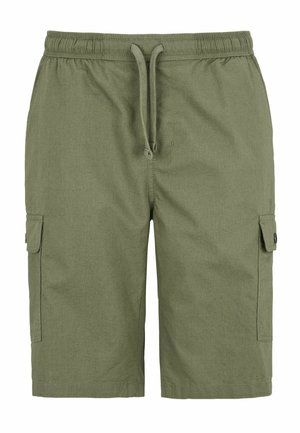 Zielone szorty cargo wykonane z lekkiego materiału, z elastycznym paskiem w talii, sznurkiem do regulacji oraz bocznymi kieszeniami z klapkami.