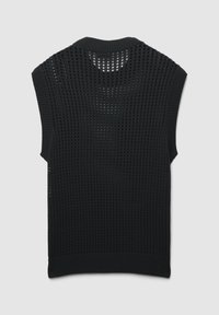 Top senza maniche in maglia nera con un design a rete aperta, collo e orlo a costine, creando un aspetto tessurizzato e arioso.