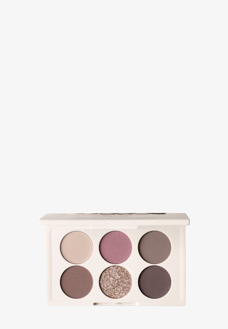 Palette d'ombres à paupières avec six teintes circulaires en beige mat, rose, taupe, brun, or pailleté et gris foncé, dans un boîtier rectangulaire blanc.