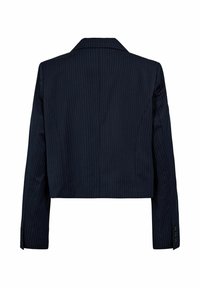 Marineblauwe cropped blazer met verticale streepjes, met een notch-lapel en knoopmanchetten. Glad materiaal met gestructureerde schouders.