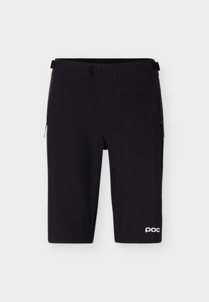 Čierne športové šortky po kolená s bočnými vreckami na zips a nastaviteľnými pásovými záložkami, s bielym logom POC na dolnej časti nohy.