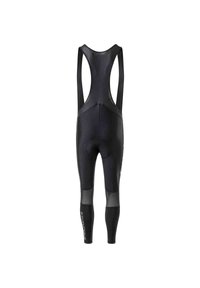 Schwarze Radhosen mit Trägern, ausgestattet mit einem enganliegenden Design, einem Netzrücken und einem gepolsterten Sitzbereich für Komfort während der Fahrten.
