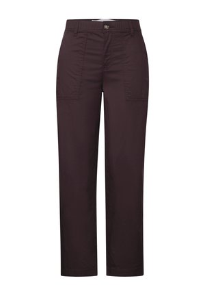 Pantalons droits violets en tissu mélangé coton, avec une fermeture à bouton, deux poches latérales et une texture lisse.