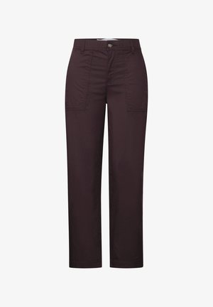 Pantalones rectos morados hechos de una mezcla de algodón, con cierre de botón, dos bolsillos laterales y una textura suave.