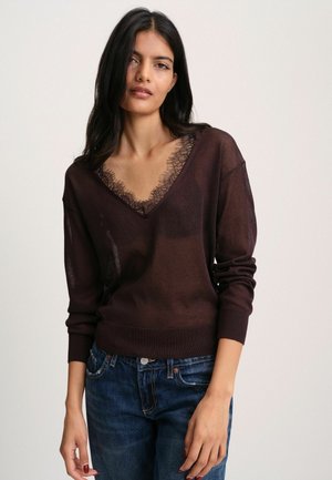 THE SET, V-NECK SHEER JUMPER WITH LACE TRIM 2 PACK - Jumper - black chocolate brown