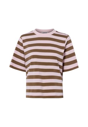Short-sleeve T-shirt with wide horizontal brown and light pink stripes, crew neckline, and a boxy, loose fit.