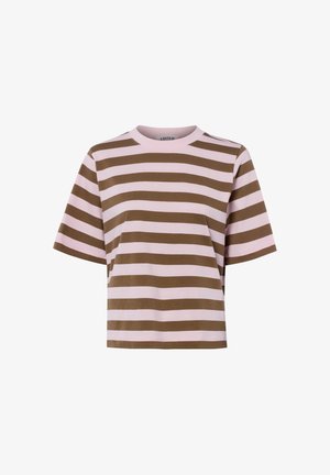 T-shirt met korte mouwen, brede horizontale bruine en lichtroze strepen, ronde hals en een boxy, losse pasvorm.