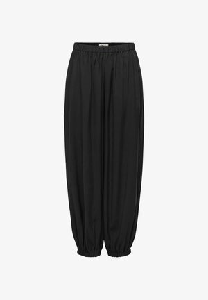 Pantalon noir coupe ample avec taille élastiquée et ourlets froncés, fabriqué en tissu léger pour une coupe décontractée et confortable.