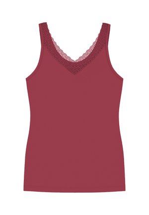 Bordowy top na ramiączkach z dekoltem w kształcie litery V, ozdobiony delikatnym koronkowym wykończeniem. Wykonany z elastycznego materiału, ma dopasowany krój i brak rękawów.