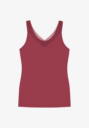 Bordowy top na ramiączkach z dekoltem w kształcie litery V, ozdobiony delikatnym koronkowym wykończeniem. Wykonany z elastycznego materiału, ma dopasowany krój i brak rękawów.