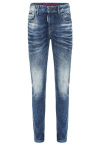 Dunkelblaue Denim-Jeans mit leichten Waschakzenten. Verfügt über fünf Taschen, Gürtelschlaufen und ein rotes Etikett am Bund. Enganliegender, gerader Schnitt.