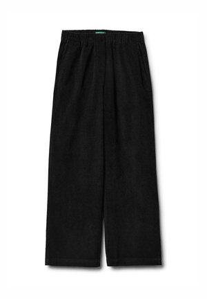Pantaloni neri in corduroy a gamba larga con vita elastica, dotati di due tasche laterali e una finitura in tessuto testurizzato.