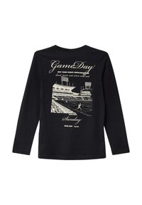 Czarny t-shirt z długim rękawem z ilustracją w vintage stadionu baseballowego i tekstem z informacjami o dniu meczu w kolorze ecru.